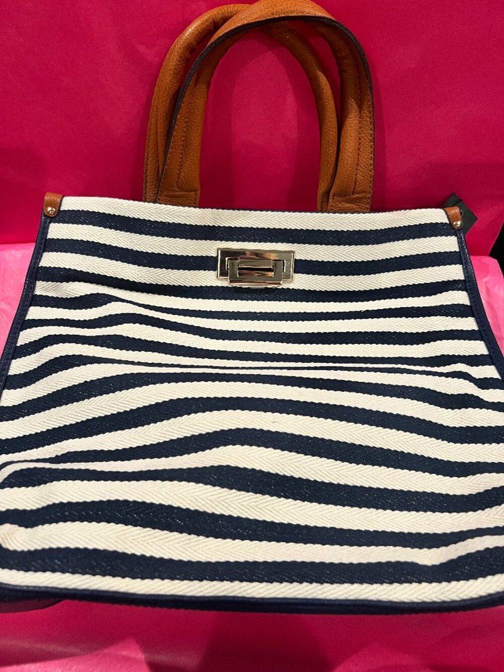 NWT Street Level Navy Blue Striped Canvas Turn-Lock Tote Crossbody Bag